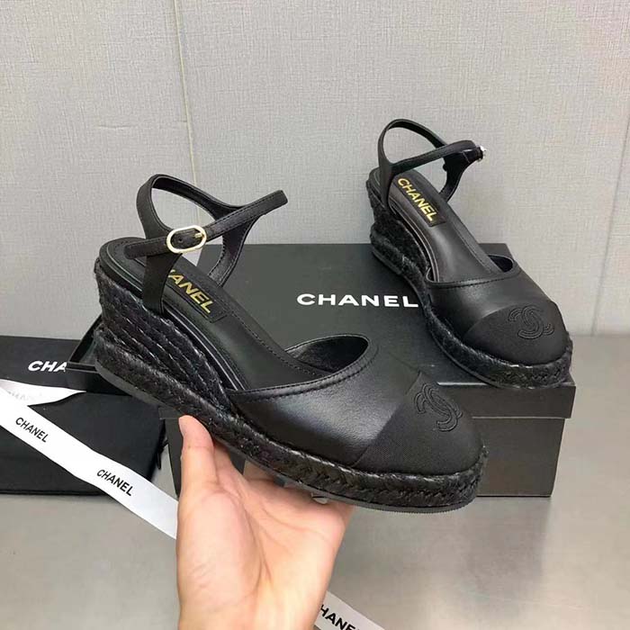 Chanel Women CC High Heel Sandal in Calfskin Leather-Black