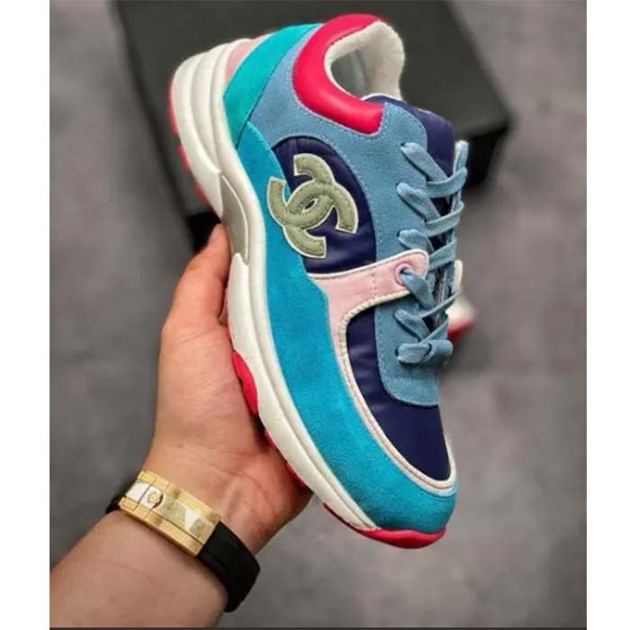 Chanel Women CC Low Top Logo Sneakers Calfskin Suede Blue Leather