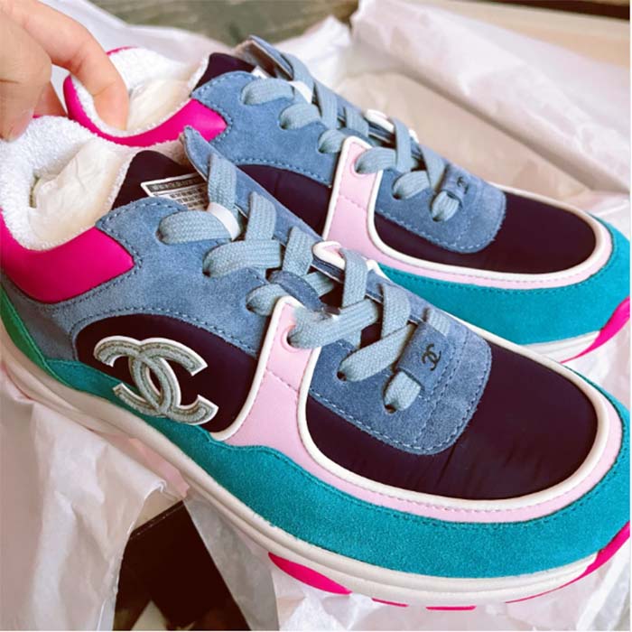 Chanel Women CC Low Top Logo Sneakers Calfskin Suede Blue Leather