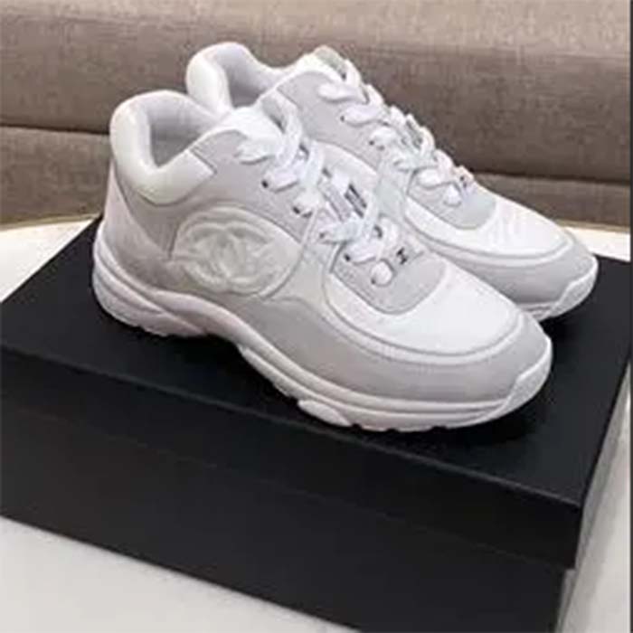 Chanel Women CC Low Top Sneakers Calfskin Suede Leather Triple White