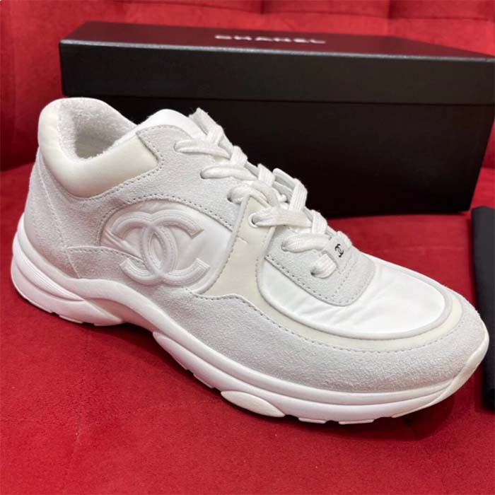 Chanel Women CC Low Top Sneakers Calfskin Suede Leather Triple White