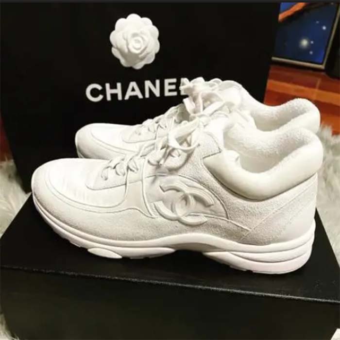 Chanel Women CC Low Top Sneakers Calfskin Suede Leather Triple White