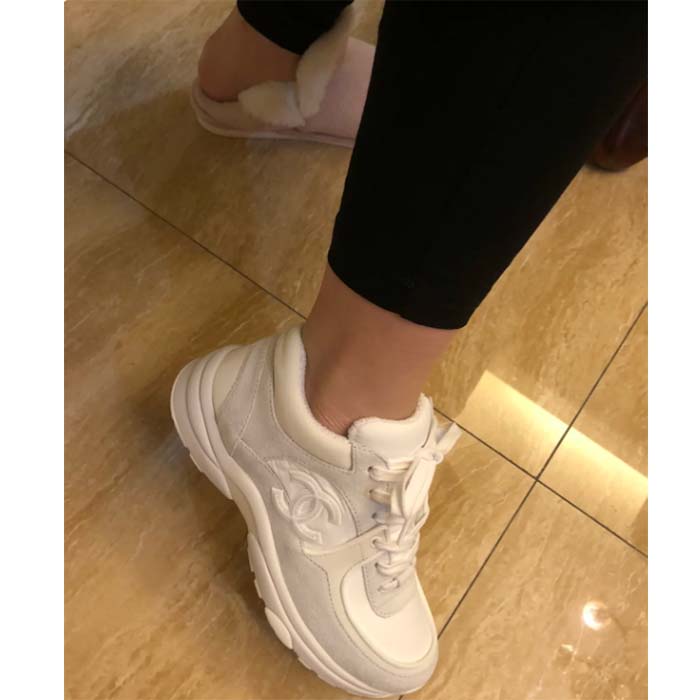 Chanel Women CC Low Top Sneakers Calfskin Suede Leather Triple White