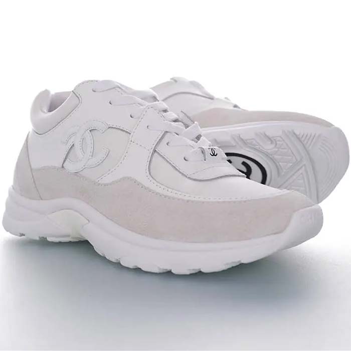 Chanel Women CC Low Top Sneakers Calfskin Suede Triple White