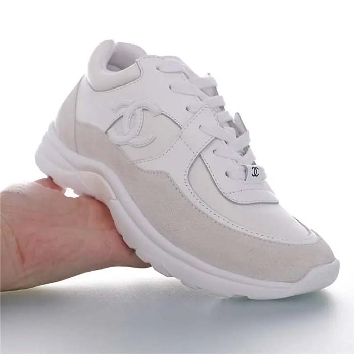 Chanel Women CC Low Top Sneakers Calfskin Suede Triple White