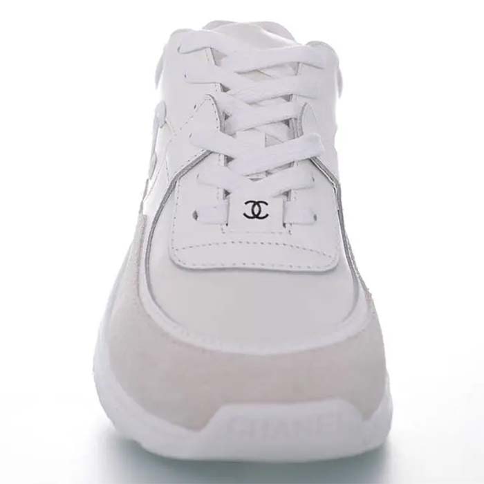 Chanel Women CC Low Top Sneakers Calfskin Suede Triple White
