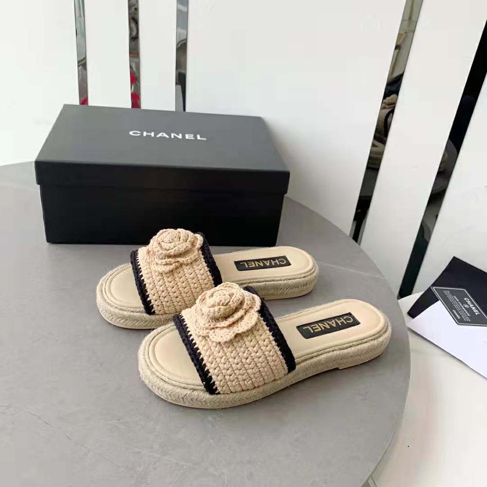 Chanel Women Mules Crochet Ivory and Black 0.5 cm Heel-Beige