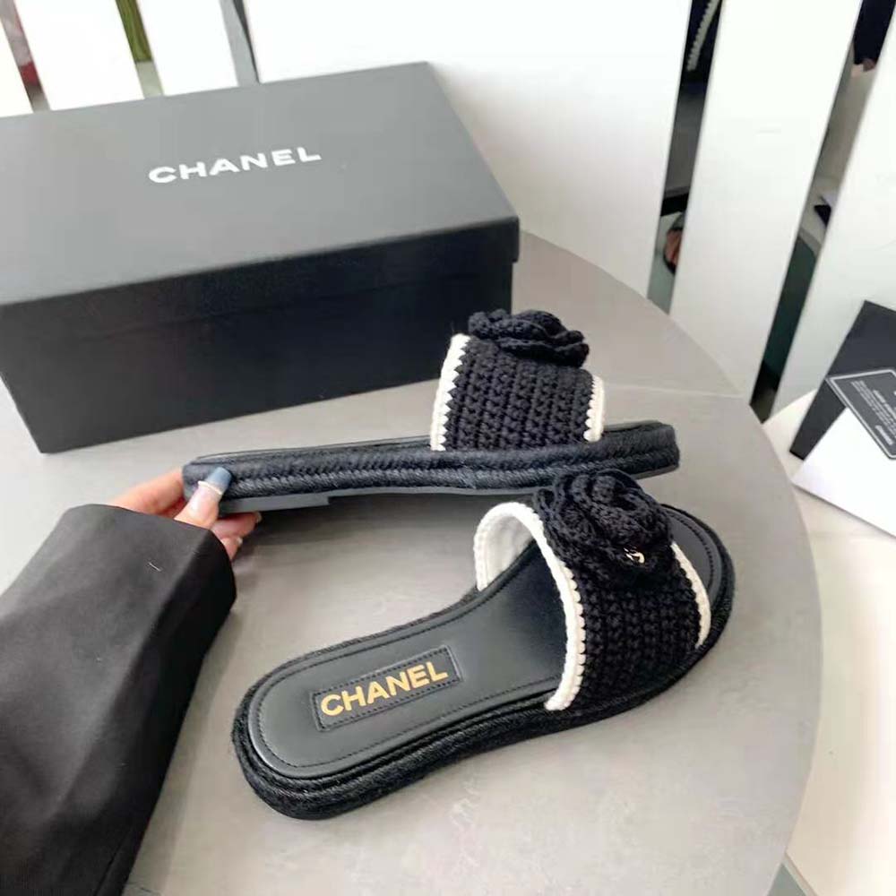 Chanel Women Mules Crochet Ivory and Black 0.5 cm Heel-Black