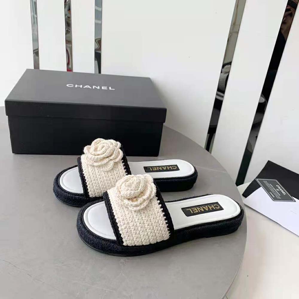 Chanel Women Mules Crochet Ivory and Black 0.5 cm Heel-White