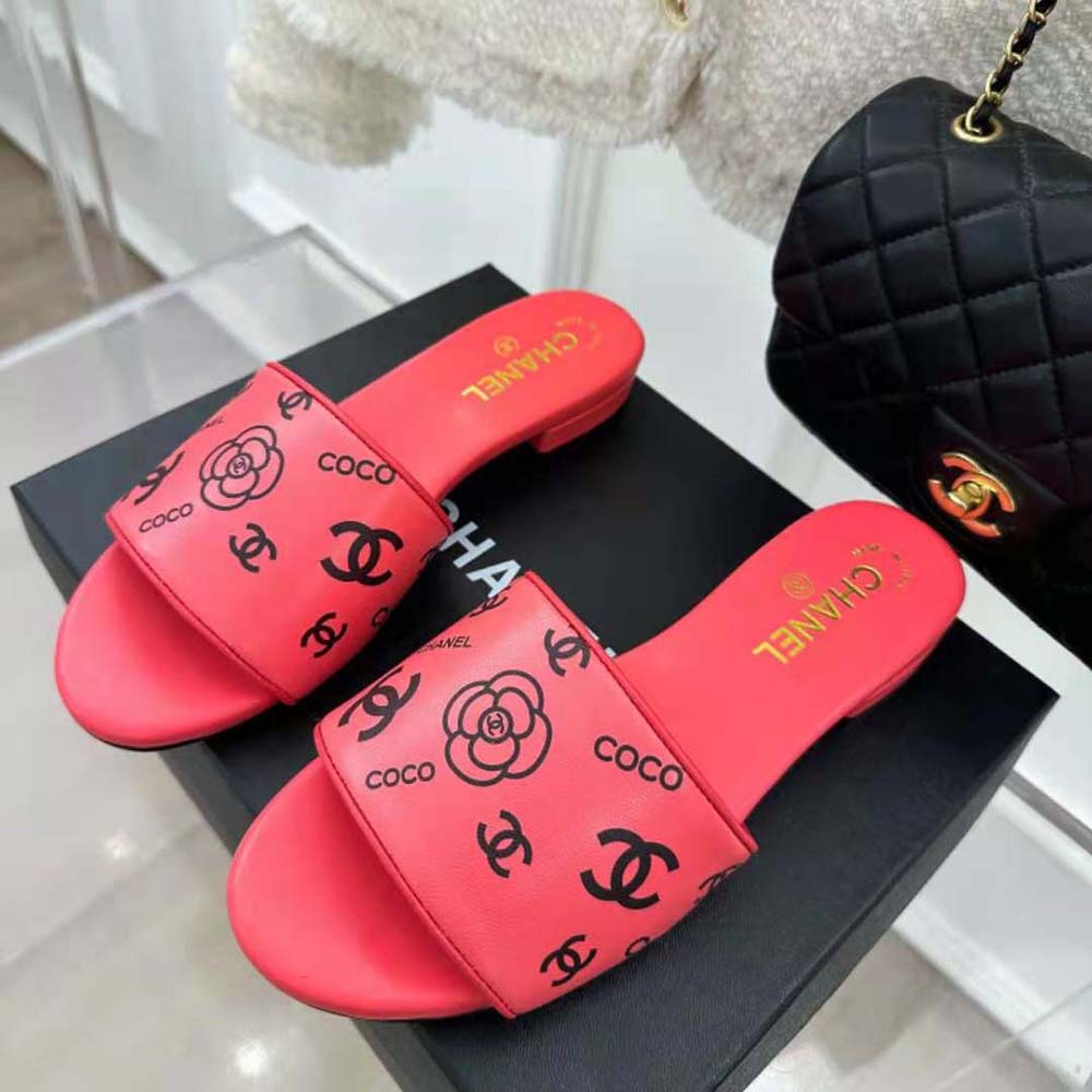 Chanel Women Mules Sandal Calfskin Leather Black Logo-Pink