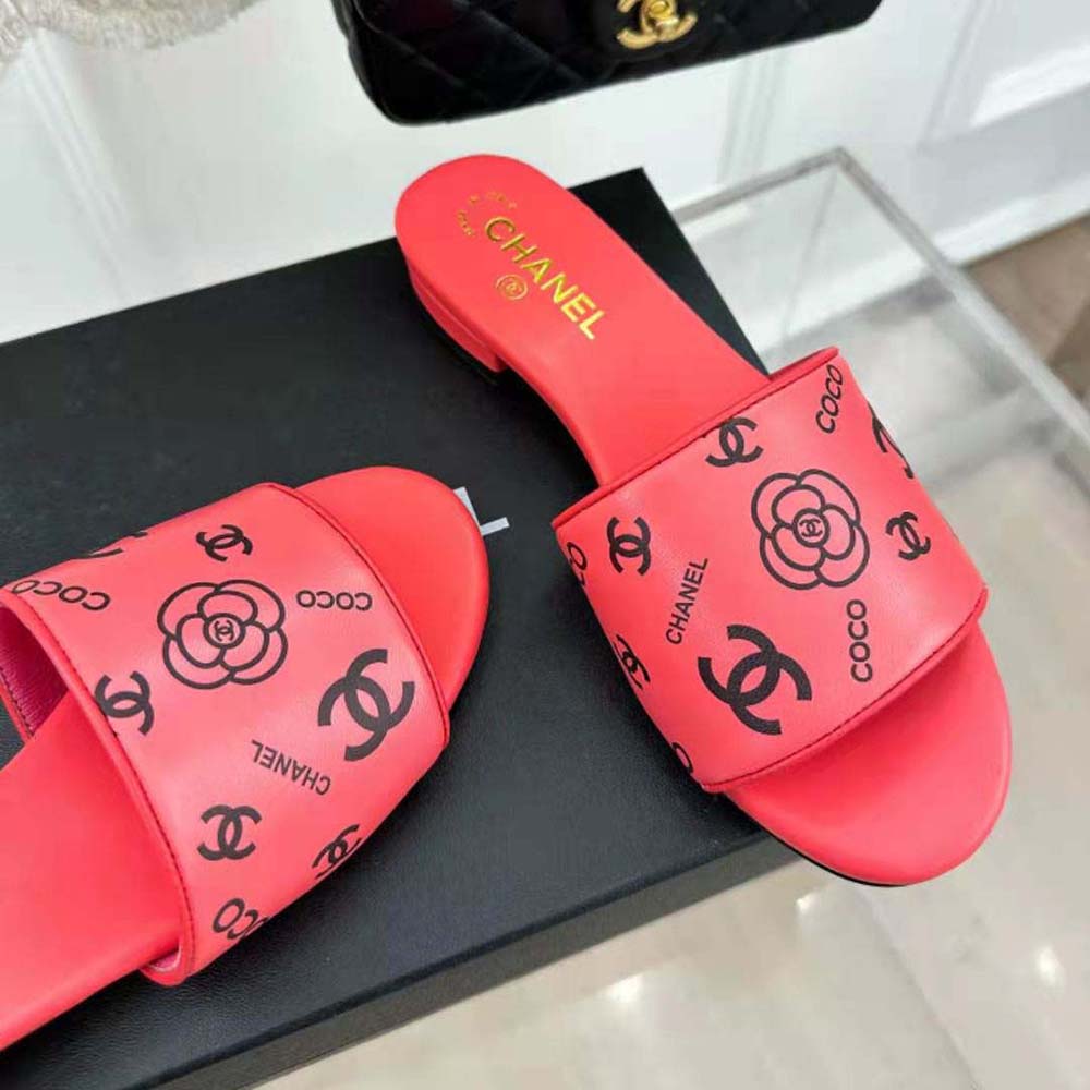 Chanel Women Mules Sandal Calfskin Leather Black Logo-Pink