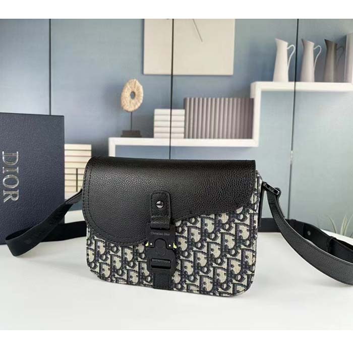 Dior Unisex CD Mini Saddle Bag Strap Beige Black Oblique Jacquard Black Grained Calfskin
