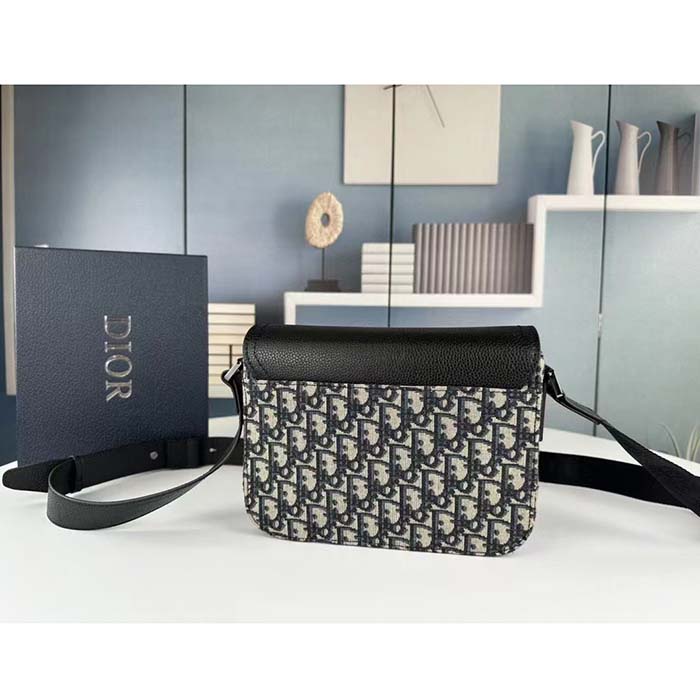 Dior Unisex CD Mini Saddle Bag Strap Beige Black Oblique Jacquard Black Grained Calfskin
