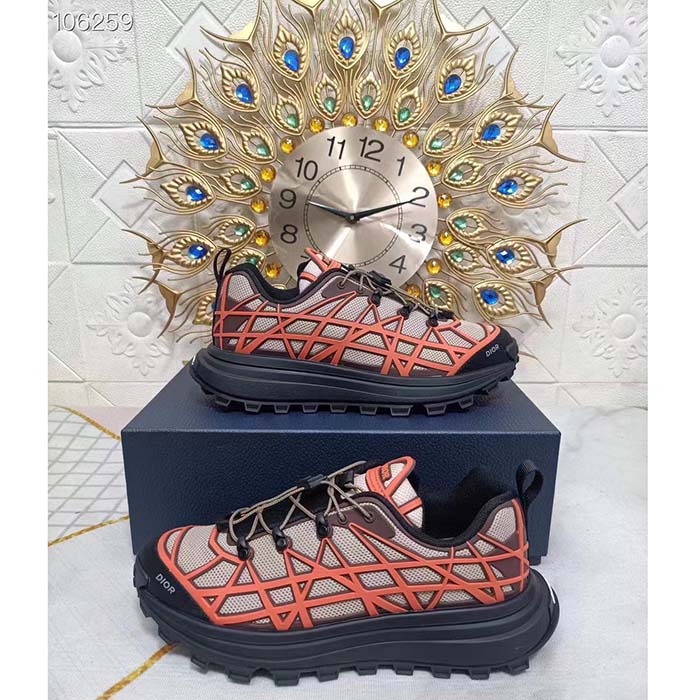 Dior Unisex Shoes CD B31 Runner Sneaker Beige Technical Mesh Orange Rubber Warped Cannage
