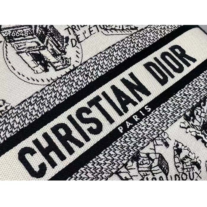 Dior Women CD Medium Lady D-Lite Bag White Black Plan De Paris Embroidery