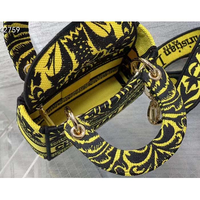 Dior Women CD Mini Lady D-Lite Bag Yellow Multicolor Ornamental Embroidery