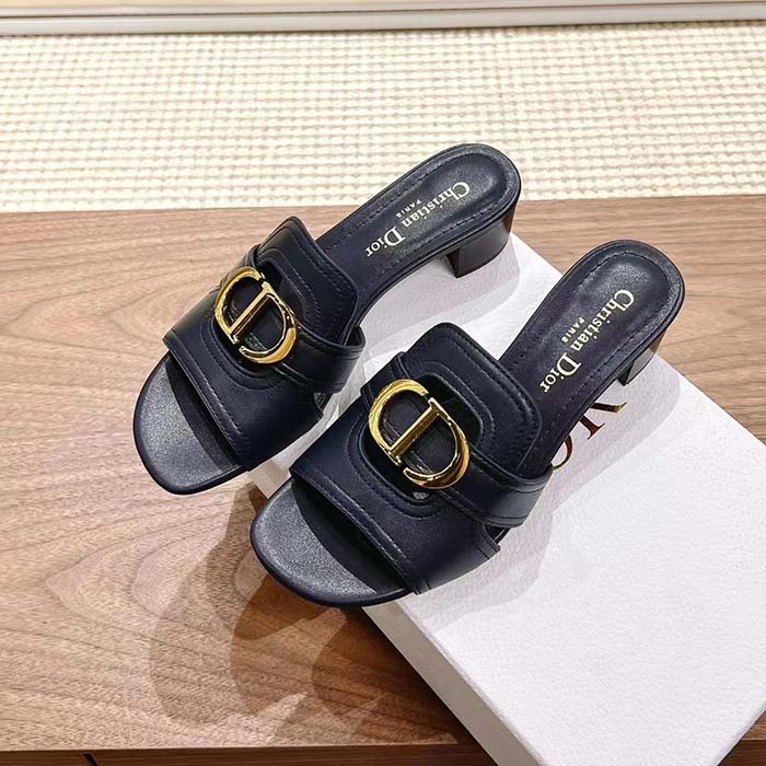 Dior Women CD Sandals 30 Montaigne Heeled Slide Black Calfskin Tonal Edge Dye