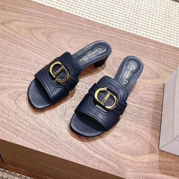 Dior Women CD Sandals 30 Montaigne Heeled Slide Black Calfskin Tonal Edge Dye