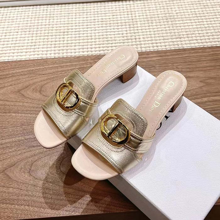 Dior Women CD Sandals Or 30 Montaigne Heeled Slide Platinum-Tone Metallic Calfskin