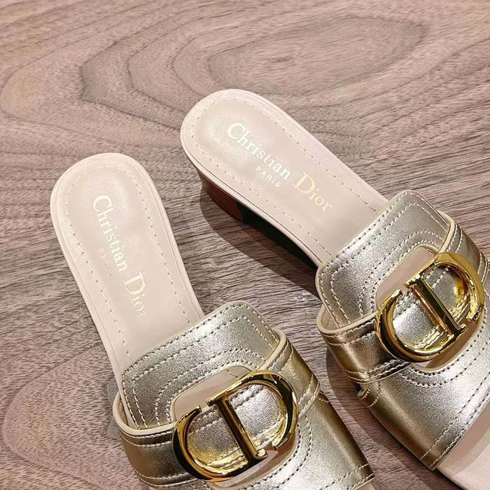 Dior Women CD Sandals Or 30 Montaigne Heeled Slide Platinum-Tone Metallic Calfskin