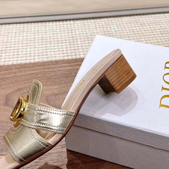 Dior Women CD Sandals Or 30 Montaigne Heeled Slide Platinum-Tone Metallic Calfskin