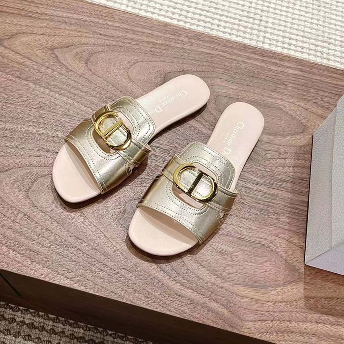 Dior Women CD Sandals Or 30 Montaigne Slide Platinum-Tone Metallic Calfskin