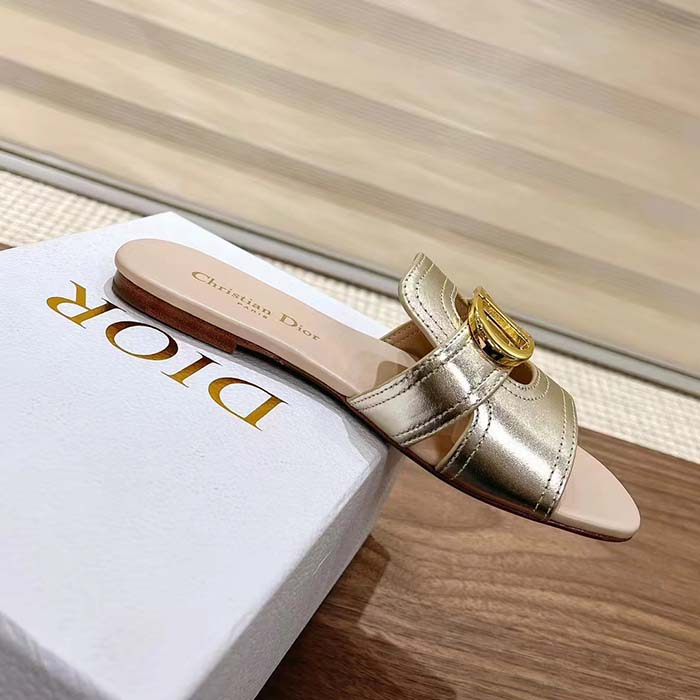 Dior Women CD Sandals Or 30 Montaigne Slide Platinum-Tone Metallic Calfskin