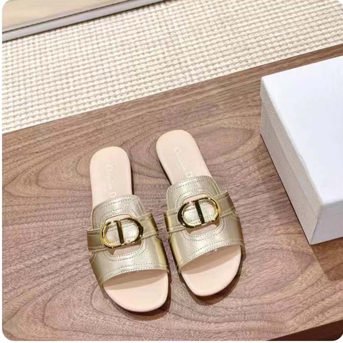 Dior Women CD Sandals Or 30 Montaigne Slide Platinum-Tone Metallic Calfskin