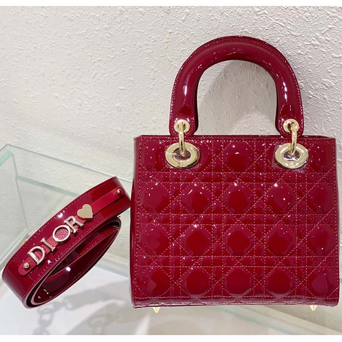 Dior Women Small Lady Dior Bag Cherry Red Patent Cannage Calfskin