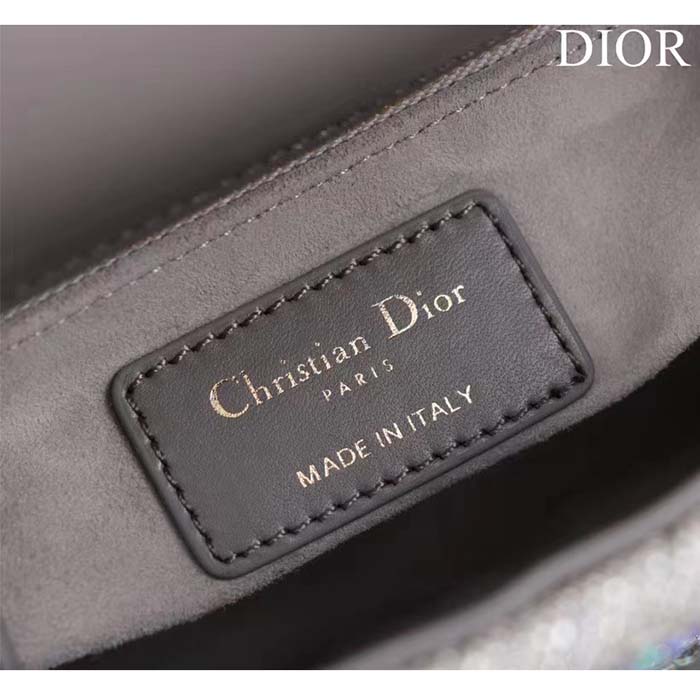 Dior Women Small Lady Dior Bag Gray Smooth Calfskin Satin Bead Embroidery