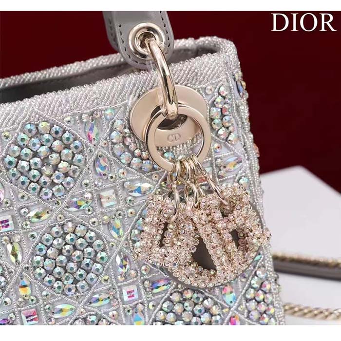 Dior Women Small Lady Dior Bag Gray Smooth Calfskin Satin Bead Embroidery