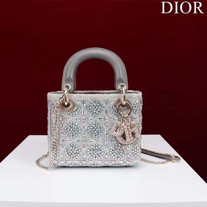 Dior Women Small Lady Dior Bag Gray Smooth Calfskin Satin Bead Embroidery