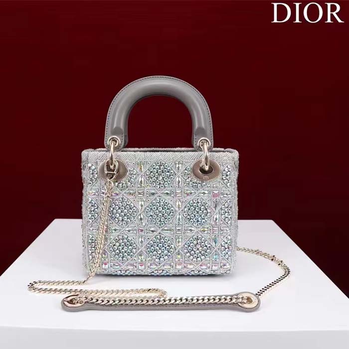 Dior Women Small Lady Dior Bag Gray Smooth Calfskin Satin Bead Embroidery