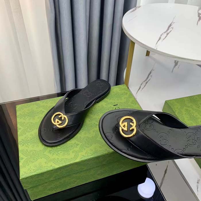G*u*i unisex gg interlocking g thong sandal black leather flat