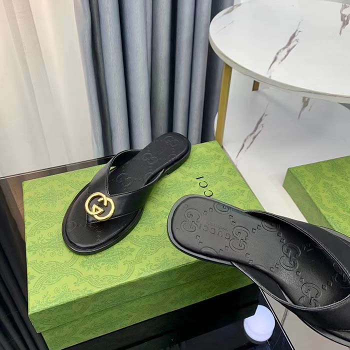 G*u*i unisex gg interlocking g thong sandal black leather flat