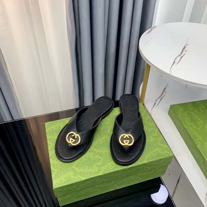 G*u*i unisex gg interlocking g thong sandal black leather flat