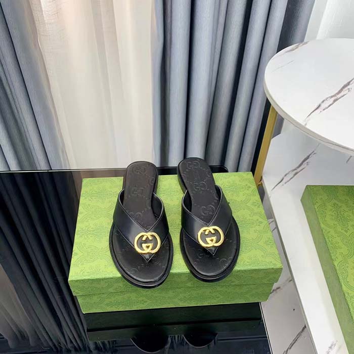G*u*i unisex gg interlocking g thong sandal black leather flat