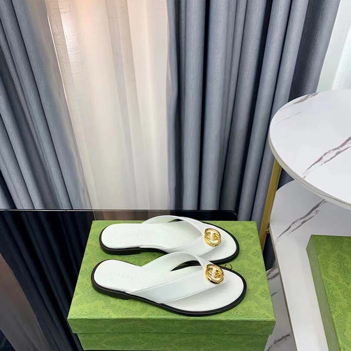 G*u*i unisex gg interlocking g thong sandal white leather flat
