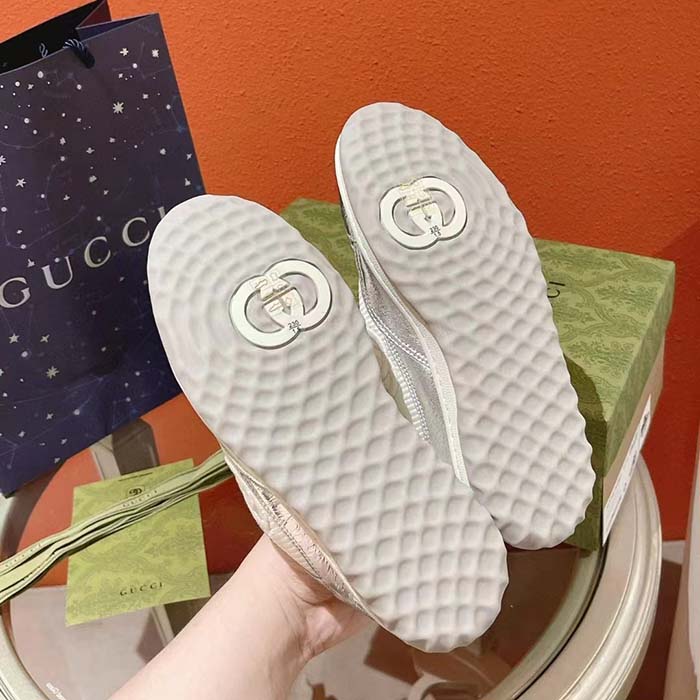 G*u*i unisex gg mac80 sneaker metallic silver leather fabric round toe rubber flat