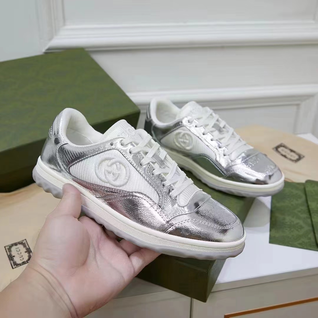 G*u*i unisex gg mac80 sneaker metallic silver leather round toe rubber flat