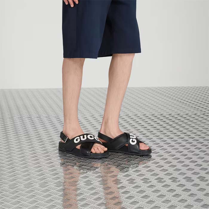 G*u*i unisex gg sandal black white leather script rubber buckle flat