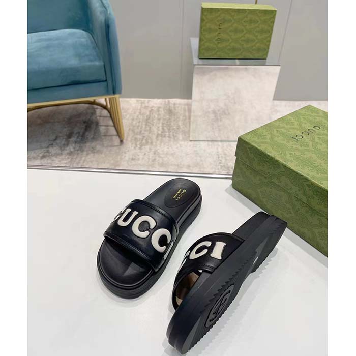 G*u*i unisex gg slide sandal black white leather script rubber flat