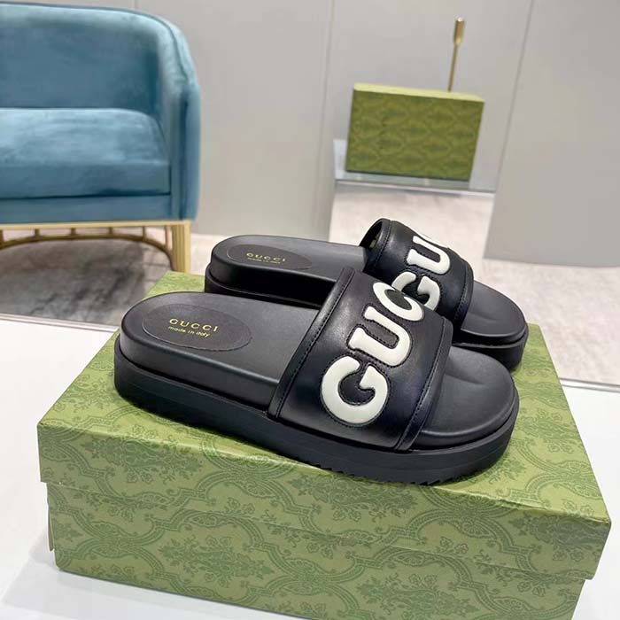 G*u*i unisex gg slide sandal black white leather script rubber flat
