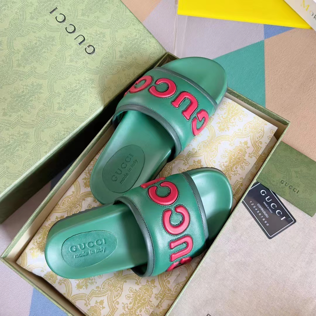 G*u*i unisex gg slide sandal green red leather script rubber flat 1 cm heel