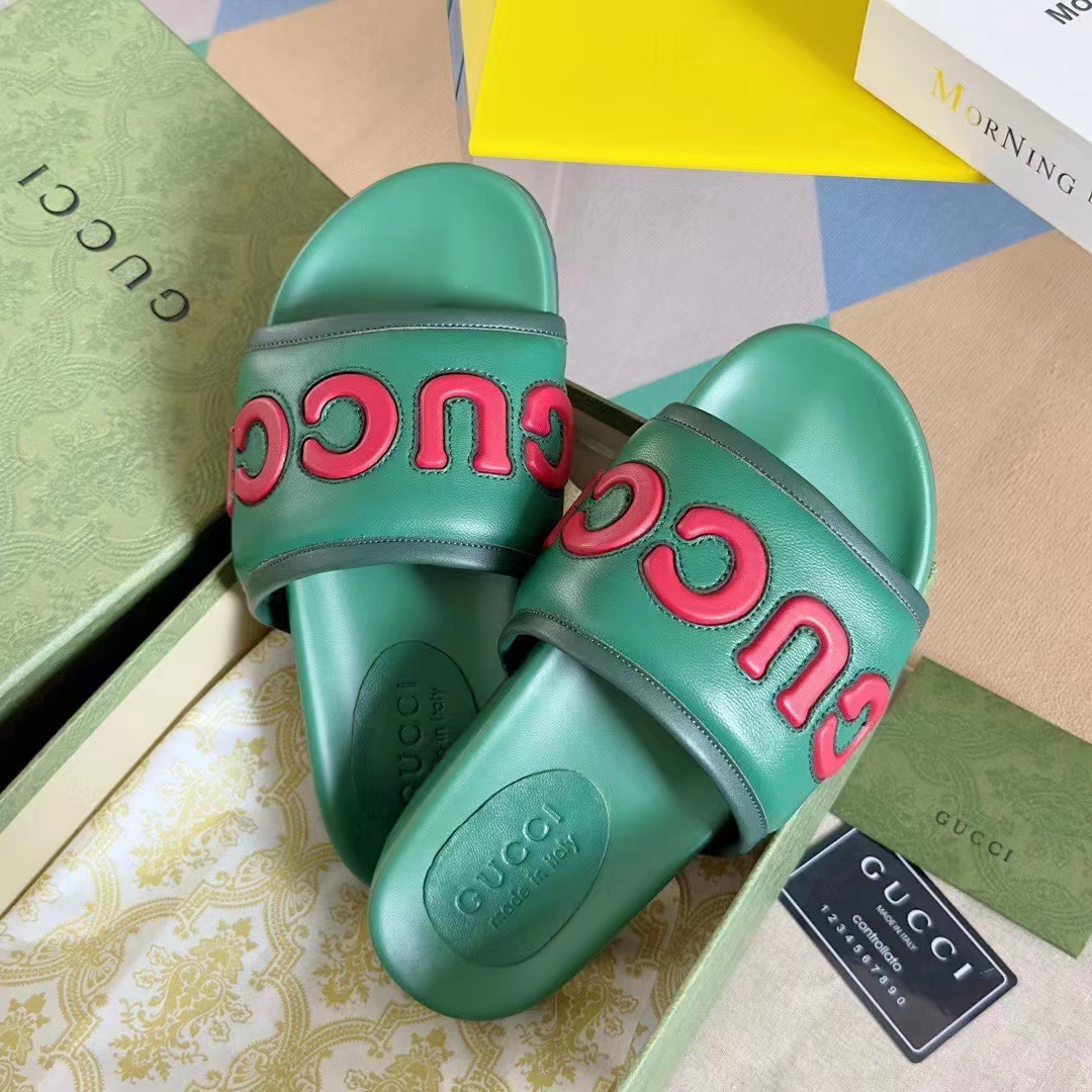G*u*i unisex gg slide sandal green red leather script rubber flat 1 cm heel