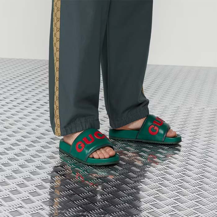 G*u*i unisex gg slide sandal green red leather script rubber flat 1 cm heel
