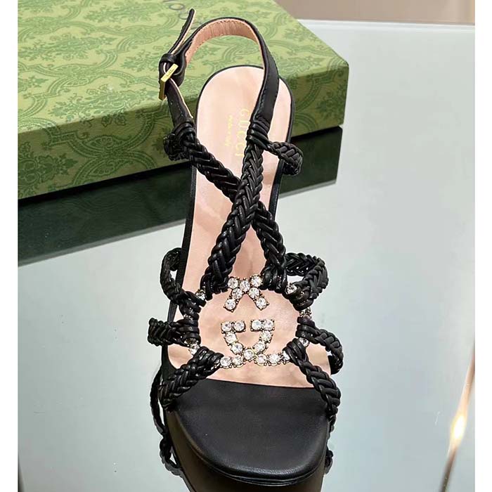 G*u*i women crystal interlocking g sandal black braided leather high 9 cm heel