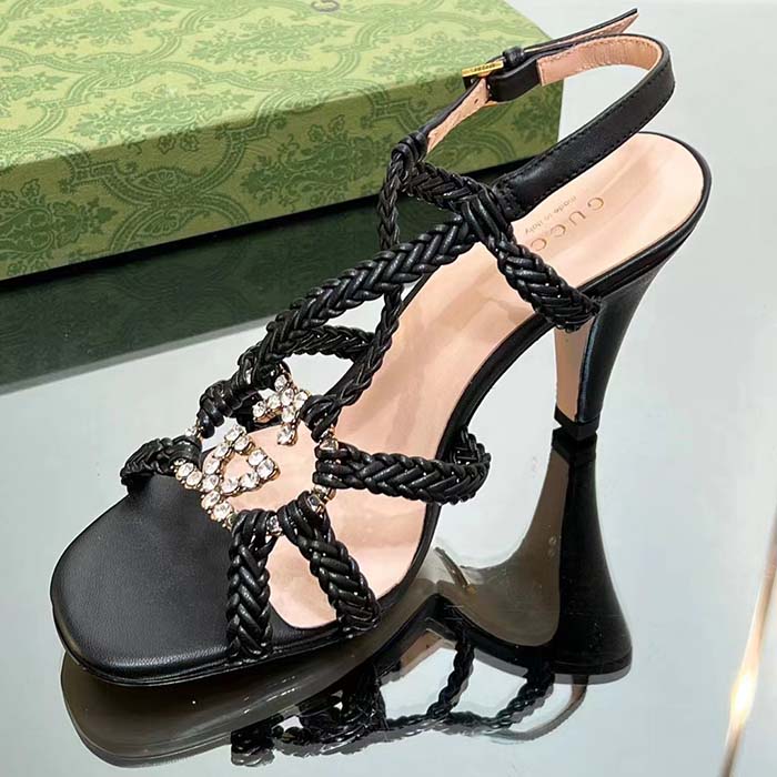 G*u*i women crystal interlocking g sandal black braided leather high 9 cm heel