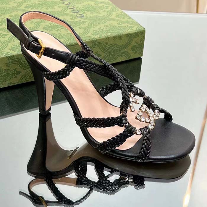 G*u*i women crystal interlocking g sandal black braided leather high 9 cm heel