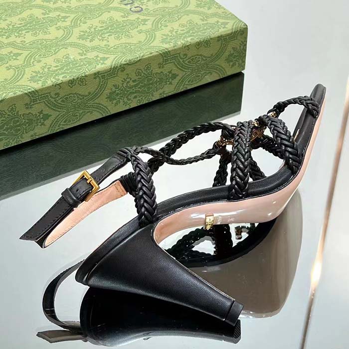 G*u*i women crystal interlocking g sandal black braided leather high 9 cm heel